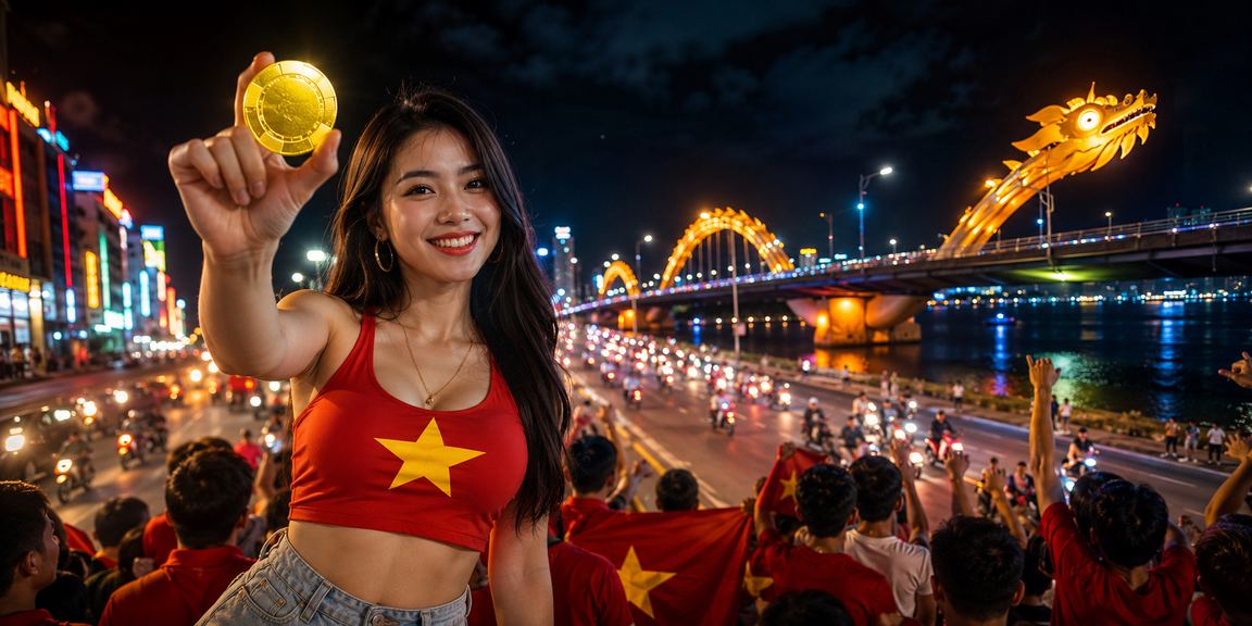 Giao diện xổ số trực tuyến ánh đèn neon tại Đà Nẵng ban đêm