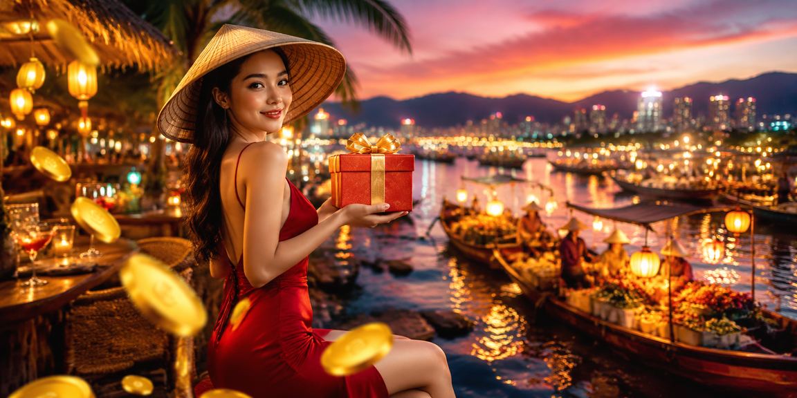 Người dùng Nha Trang đội nón lá đăng ký tài khoản và nhận thưởng trực tuyến